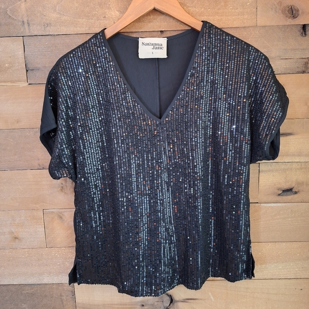 Savanna Jane Black Sequin Short Sleeve Top Size Small